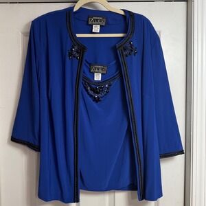 Alex Evenings Womens 2X Royal Blue Beaded 2PC Cardigan Shell Twin Set